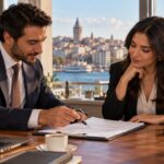 متخصصان يراجعان عقد امتياز تجاري على مكتب
