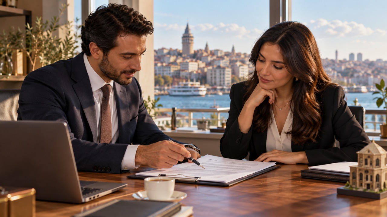 متخصصان يراجعان عقد امتياز تجاري على مكتب